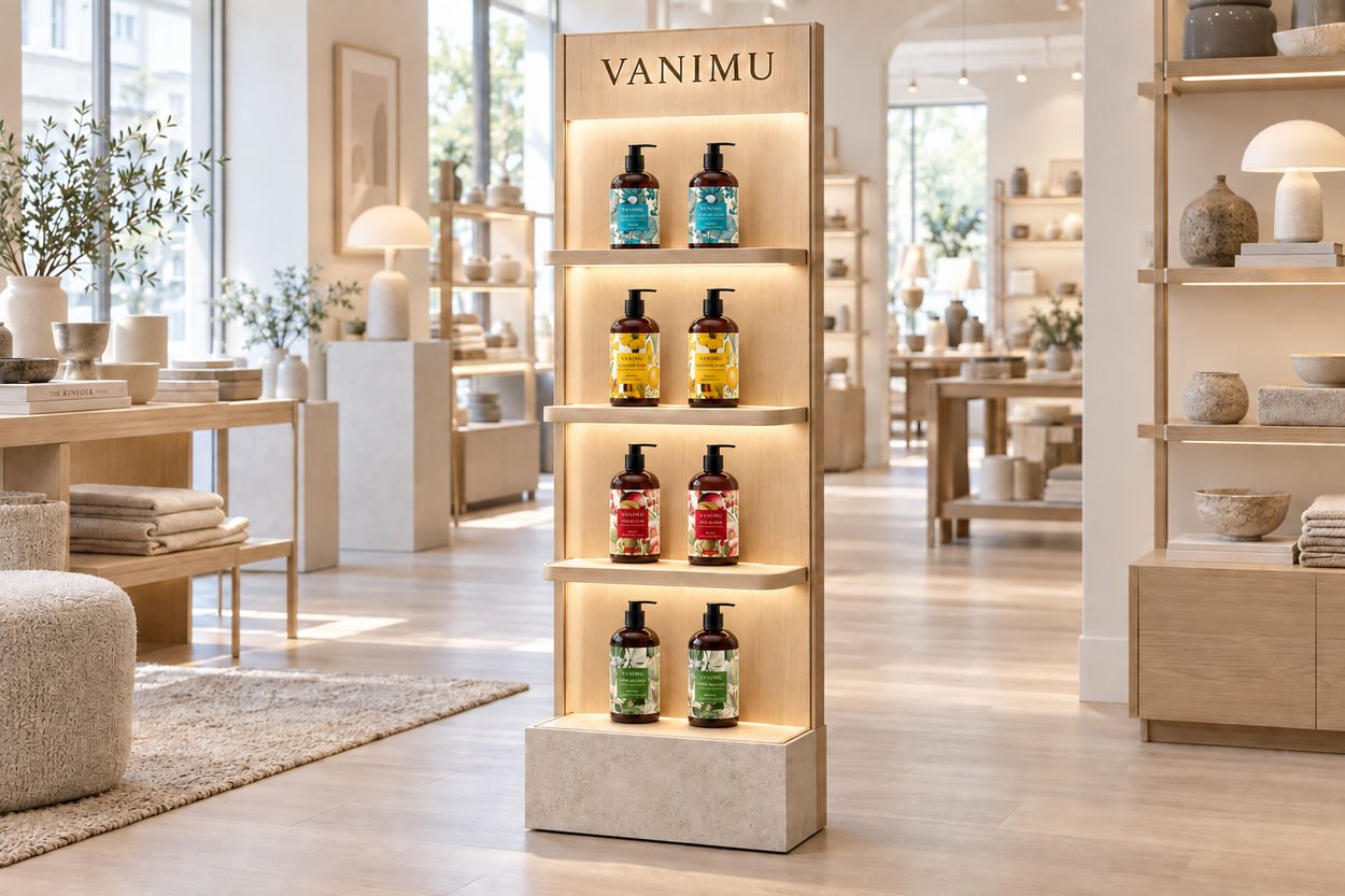 VANIMU Amber floor display in a Nordic-inspired store